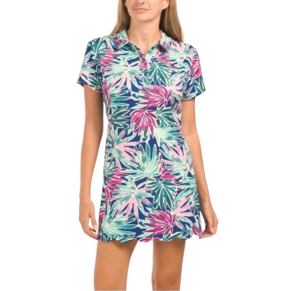 Sigrid Olsen Women’s Tropical Print Short Sleeve Dress - Navy, Teal & Pink Large